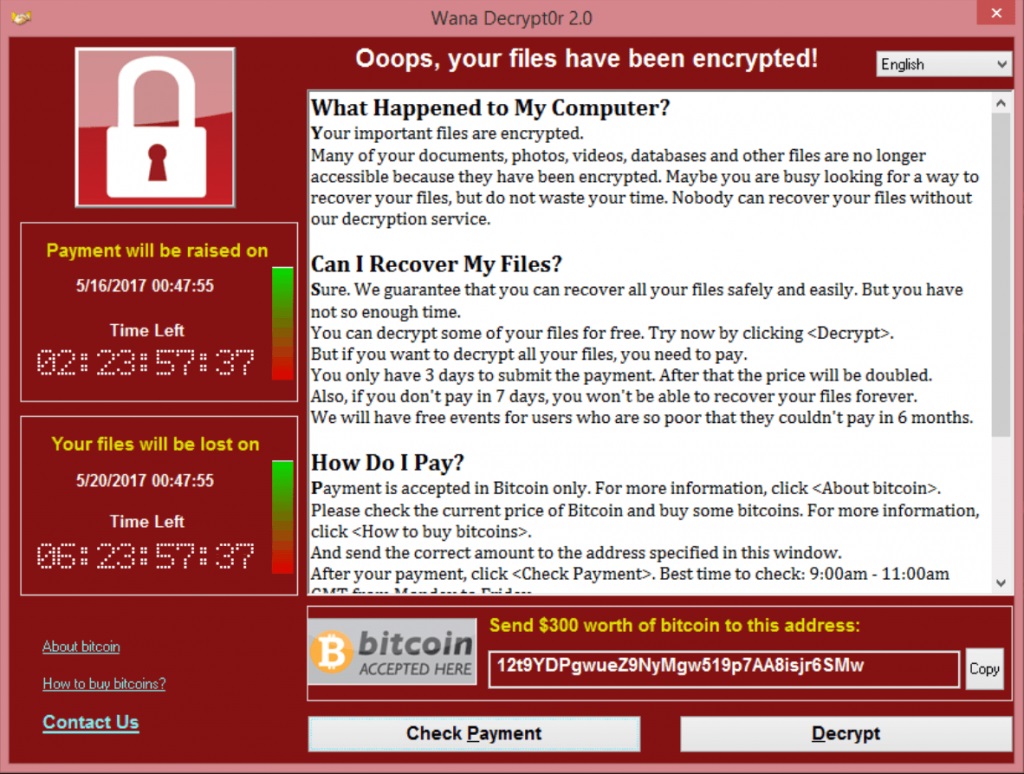 WannaCry Ransomware Attack Screen